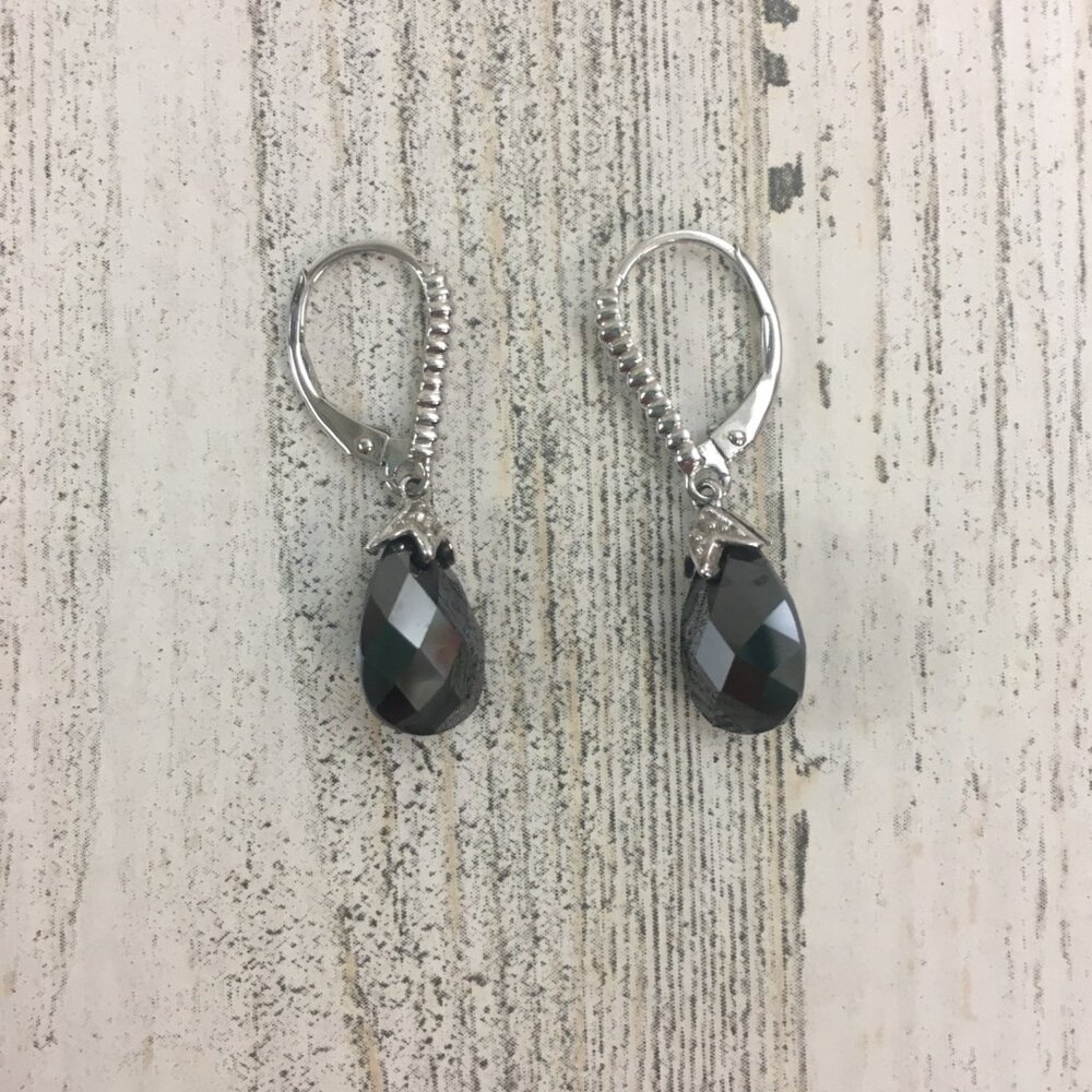 DIAMONIQUE Lever Back Drop Earrings Sterling Silver Gray Black QVC Vtg Y2K